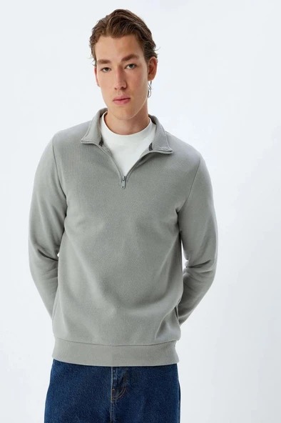 Koton Yarım Fermuarlı Yaka Sweatshirt Uzun Kollu Şardonlu Pamuk Karışımlı - 3