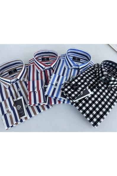 BRİTTE DÜĞMELİ YAKA ÇİZGİLİ SPOR SLİMFİT PAMUKLU GÖMLEK - 4