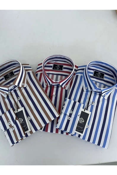 BRİTTE DÜĞMELİ YAKA ÇİZGİLİ SPOR SLİMFİT PAMUKLU GÖMLEK - 3