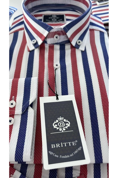 BRİTTE DÜĞMELİ YAKA ÇİZGİLİ SPOR SLİMFİT PAMUKLU GÖMLEK