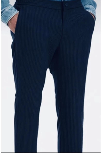 Tuba  YAN CEPLİ BELİ LASTİKLİ ÇİZGİLİ SLİMFİT KUMAŞ PANTOLON - 2