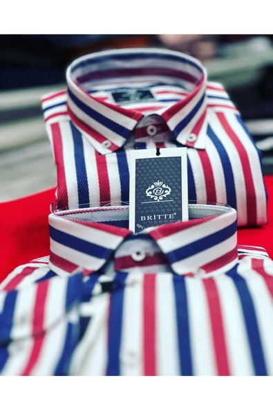 BRİTTE DÜĞMELİ YAKA ÇİZGİLİ SPOR SLİMFİT PAMUKLU GÖMLEK - 2