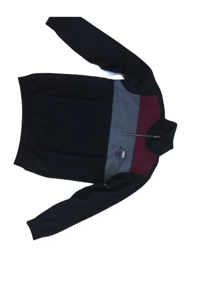 Qwerty Dik Yaka Fermuarlı Parçalı Sweat Siyah