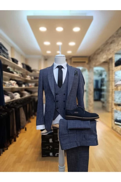 CARPİN Erkek Yelekli Takım Elbise Açık Lacivert - 2