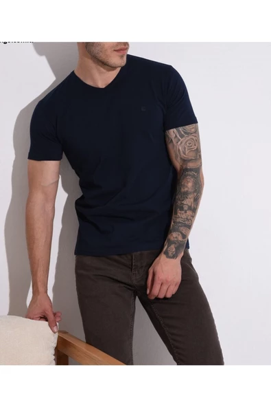 Brango  Erkek V Yaka Lacivert Bady T-shirt - 2