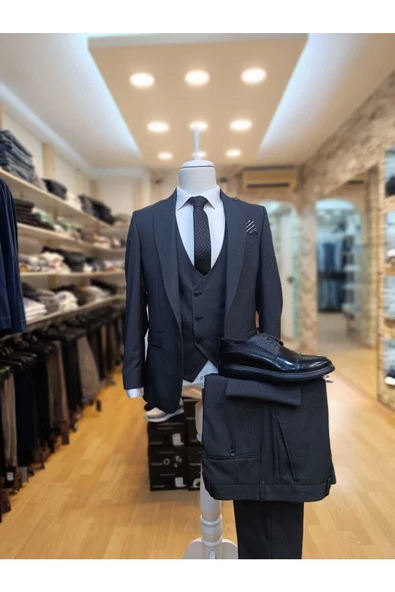 CARPİN SLİM FİT YELEKLİ DÜZ SİYAH TAKIM ELBİSE - 2
