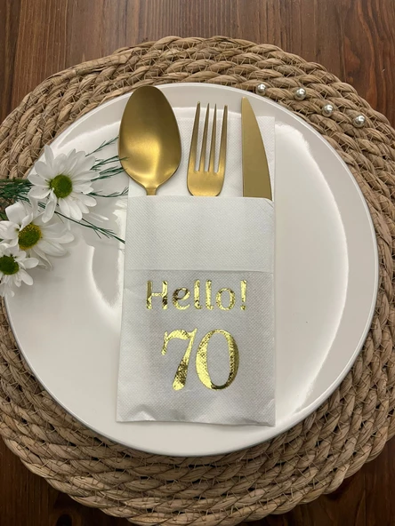 Gold Yaldızlı Beyaz Cepli Hello Yetmiş Yaş Peçete 12 Adet 40x40