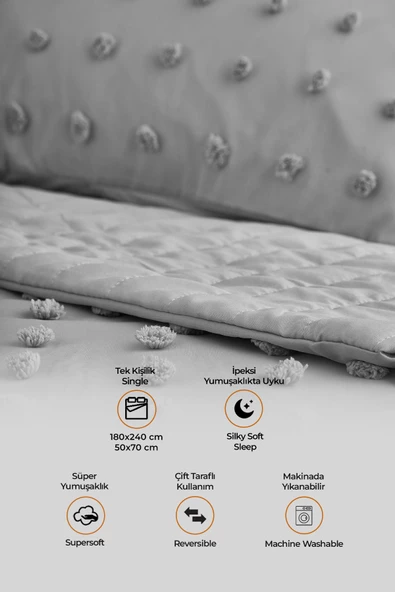 Evlen Home Collection Pamuklu Emmy Yatak Örtüsü Seti Tek Kişilik Günlük Boho Çift Taraflı 2 Parça Dolgulu Tufting - 11