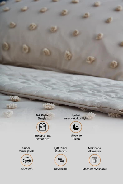 Evlen Home Collection Pamuklu Emmy Yatak Örtüsü Seti Tek Kişilik Günlük Boho Çift Taraflı 2 Parça Dolgulu Tufting - 2