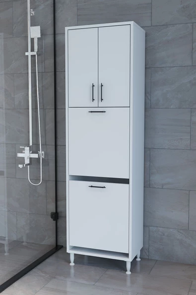 makbulce Nergiz Beyaz ve Renkli Kirli Çamaşır Sepetli Çok Amaçlı Banyo Dolabı - 2