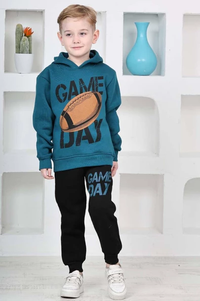 Erkek Çocuk Üzerinde Top ve Game Day Yazı Baskılı Sweatshirt 3 İplik Lacivert Eşofman Takım - 2