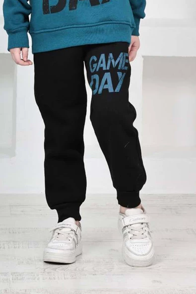 Erkek Çocuk Üzerinde Top ve Game Day Yazı Baskılı Sweatshirt 3 İplik Lacivert Eşofman Takım - 4