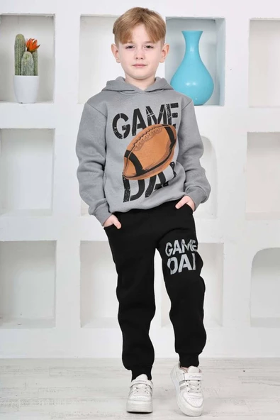 Erkek Çocuk Üzerinde Top ve Game Day Yazı Baskılı Sweatshirt 3 İplik Gri Eşofman Takım - 2