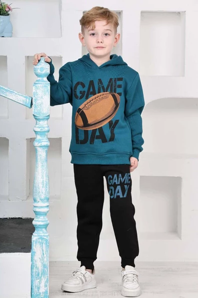 Erkek Çocuk Üzerinde Top ve Game Day Yazı Baskılı Sweatshirt 3 İplik Lacivert Eşofman Takım