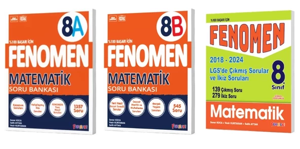 FENOMEN YAYINLARI 8. SINIF Matematik A+B Soru Bankası + LGS Matematik Çıkmış Sorular Ve İkiz Soruları (2018-2024) (3 KİT