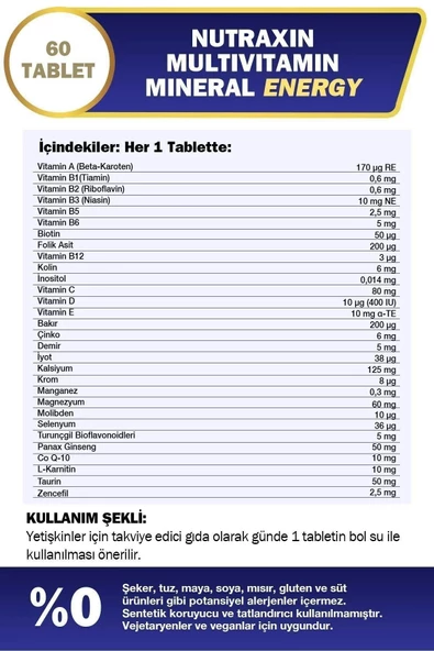 Nutraxin Multivitamin Mineral Energy 60 Tablet 8680512633181 - Resim 2