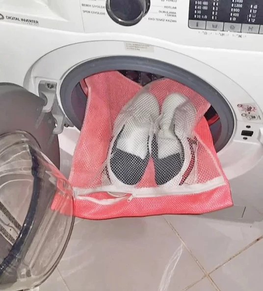 Pembe Fermuarlı - Hassas Çamaşır Terlik  Ayakkabı Yıkama Filesi Büyük Boy - 5