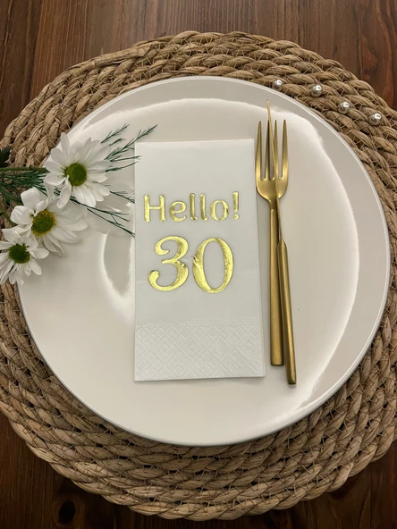 Gold Yaldızlı Beyaz hello Otuz Yaş Peçete 16 Adet