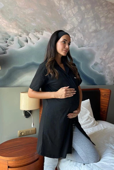 Mama Nakışlı Gömlek Yaka Hamile Gecelik - 4