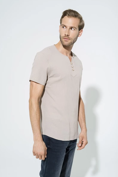 Organik 3 Düğme Kısakol Taş Gömlek - 4