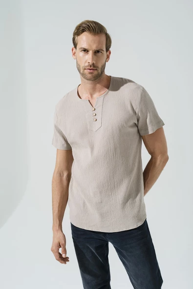 Organik 3 Düğme Kısakol Taş Gömlek - 2