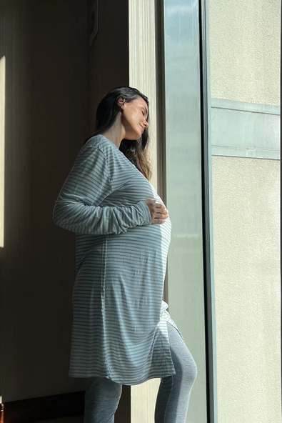 Pamuklu 4'lü Uyku Gözlüklü Gri Hamile Geceliği - 5