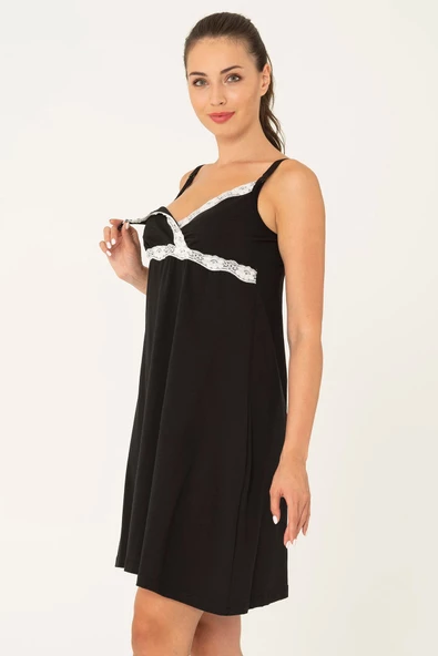 Emzirme Fonksiyonlu Siyah Elbise Gecelik - 3