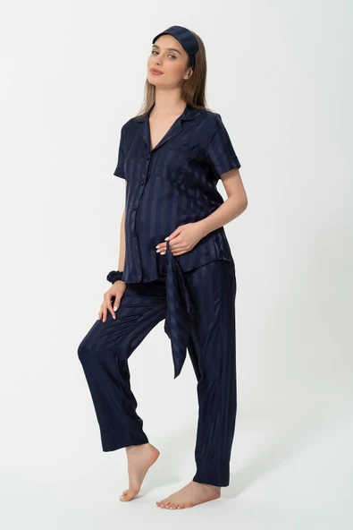 5'li Jakarlı  Lacivert Hamile Pijama Takımı - 4