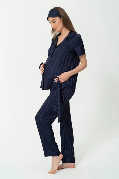 5'li Jakarlı  Lacivert Hamile Pijama Takımı - 2