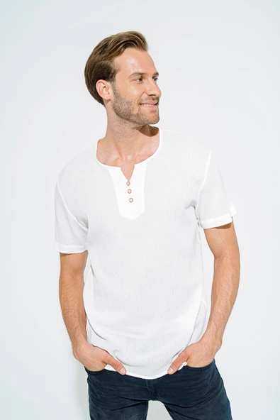 Organik 3 Düğme Kısakol Beyaz Gömlek - 2