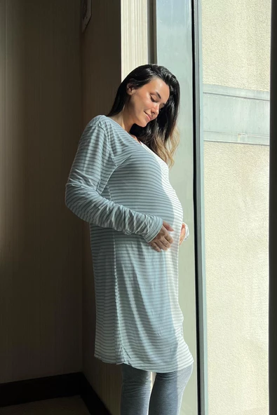 Pamuklu 4'lü Uyku Gözlüklü Gri Hamile Geceliği - 3