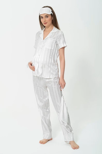 5'li Jakarlı Beyaz Hamile Pijama Takımı - 3