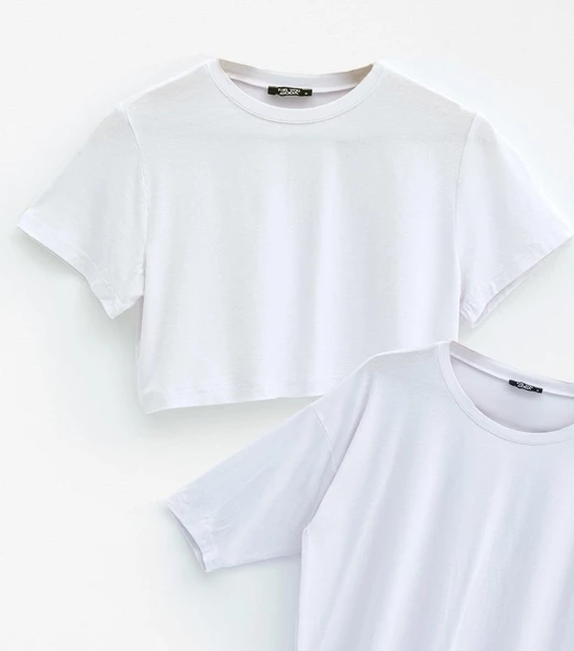 3'lü Crop Kısa  Kol ve Yarasa Kol Tshirt  Şort Takım - 2