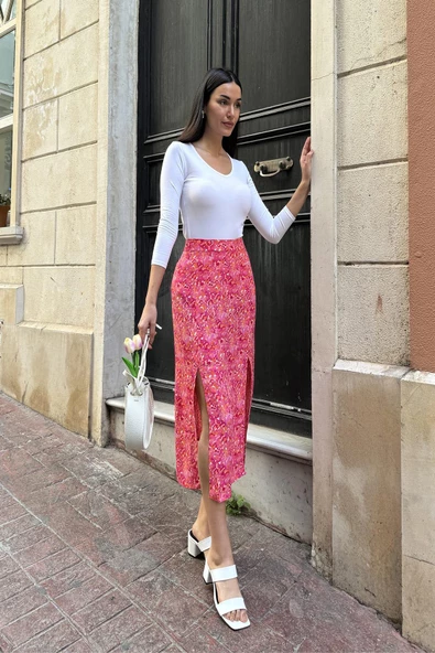 Doğal Viskon Çift Yırtmaç Desenli Fuşya Etek - Resim 4