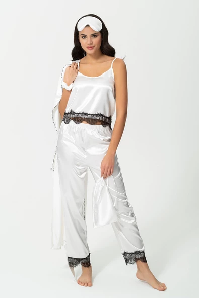 6'lı Dantel Detaylı Sabahlıklı Ekru Pijama Takım - 4