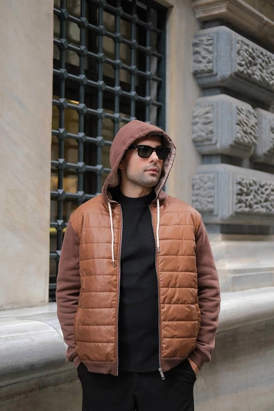 Kapitone Cepli Kapişonlu Fermuarlı Kahve Sweatshirt - 4