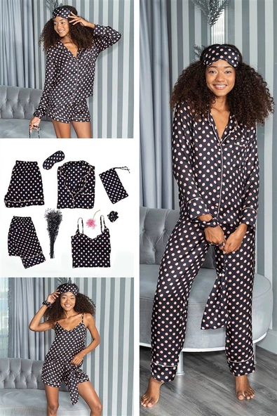 Saten 7'li Gold Puanlı Siyah Pijama Set
