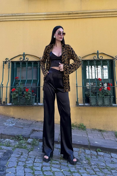 3'lü Saten Leopar Desenli Bustiyer Pantolon Siyah Takım - 3