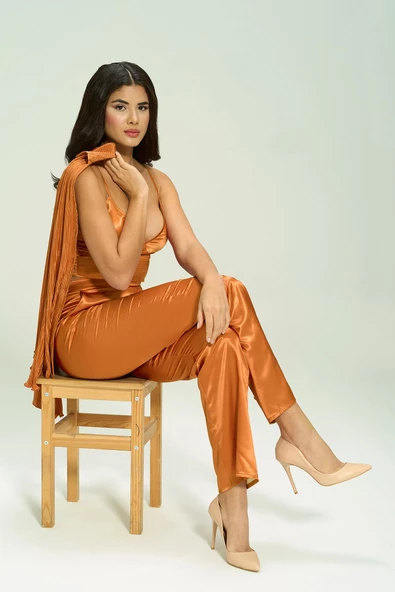 6'lı Pliseli Kiremit Bustiyerli Pijama Takım - 6