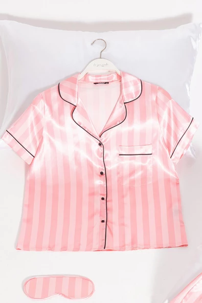 5'li Pembe Fuşya Çizgili Saten Pijama Şort Takım - 2