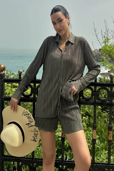 2'li Piliseli Gömlek Şort Yeşil Takım - 4