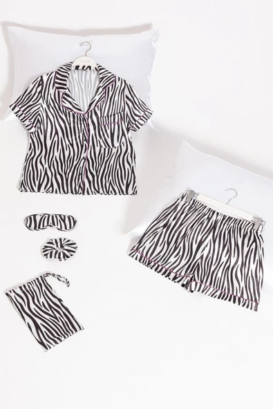 5'li Zebra Desenli Saten Pijama Şort Takım