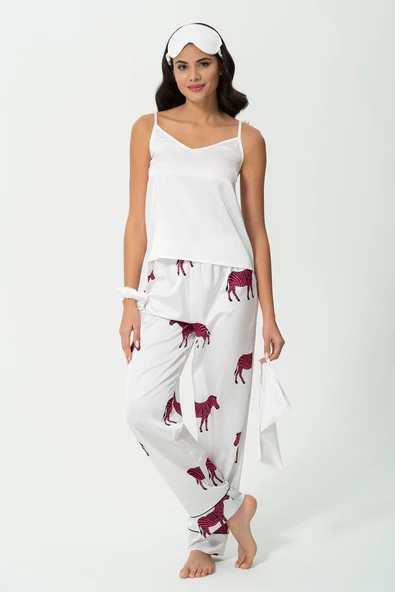 6'lı Zebra Desen Ekru Saten Pijama Takımı - 3