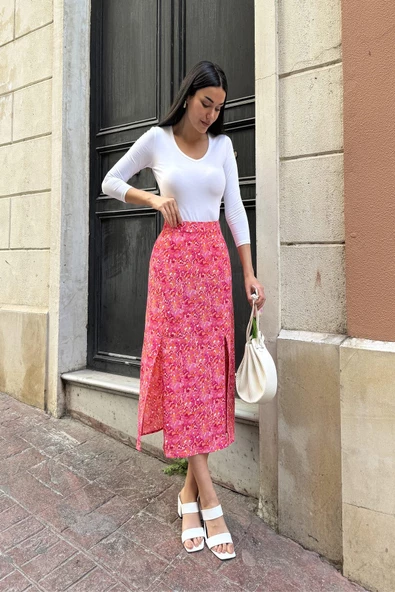 Doğal Viskon Çift Yırtmaç Desenli Fuşya Etek - Resim 3