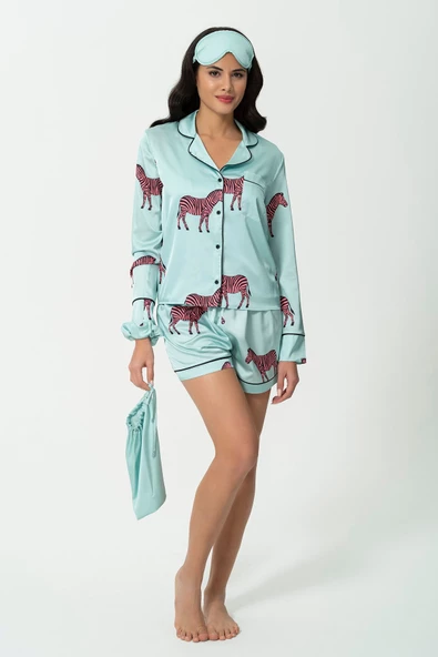 6'lı Zebra Desen Yeşil Saten Pijama Şort Takım - 3