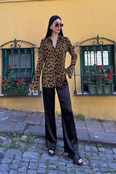 3'lü Saten Leopar Desenli Bustiyer Pantolon Siyah Takım - 2