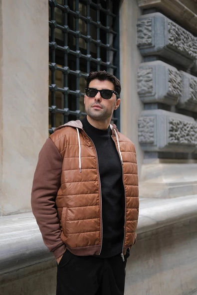 Kapitone Cepli Kapişonlu Fermuarlı Kahve Sweatshirt - 2
