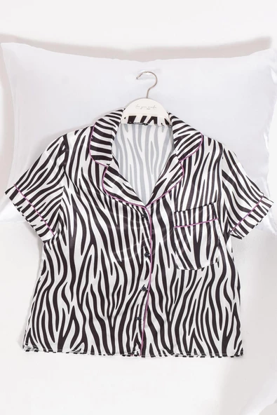 5'li Zebra Desenli Saten Pijama Şort Takım - 2