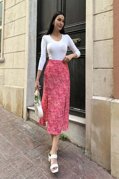 Doğal Viskon Çift Yırtmaç Desenli Fuşya Etek - Resim 5