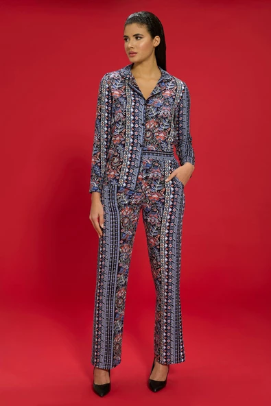 7'li Viskon Hem İçeride Hem Dışarıda Etnik Desen Siyah Pijama Takımı - 3